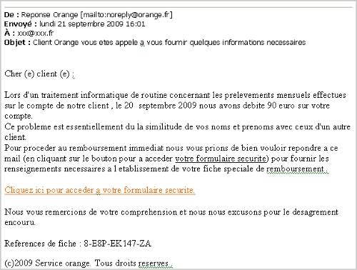 Mail de remboursement Orange, SFR,  - phishing