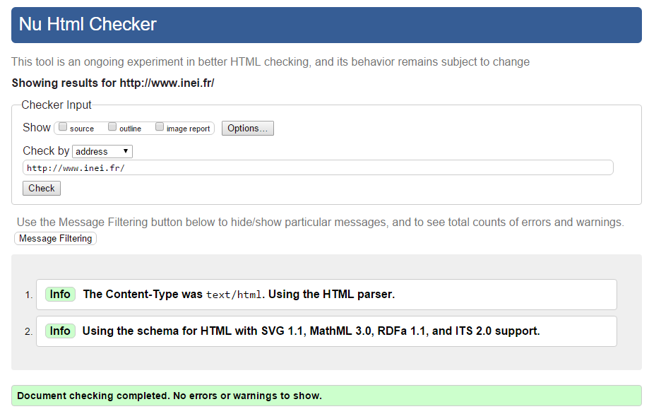 Capture écran validator W3C sur site inei.fr